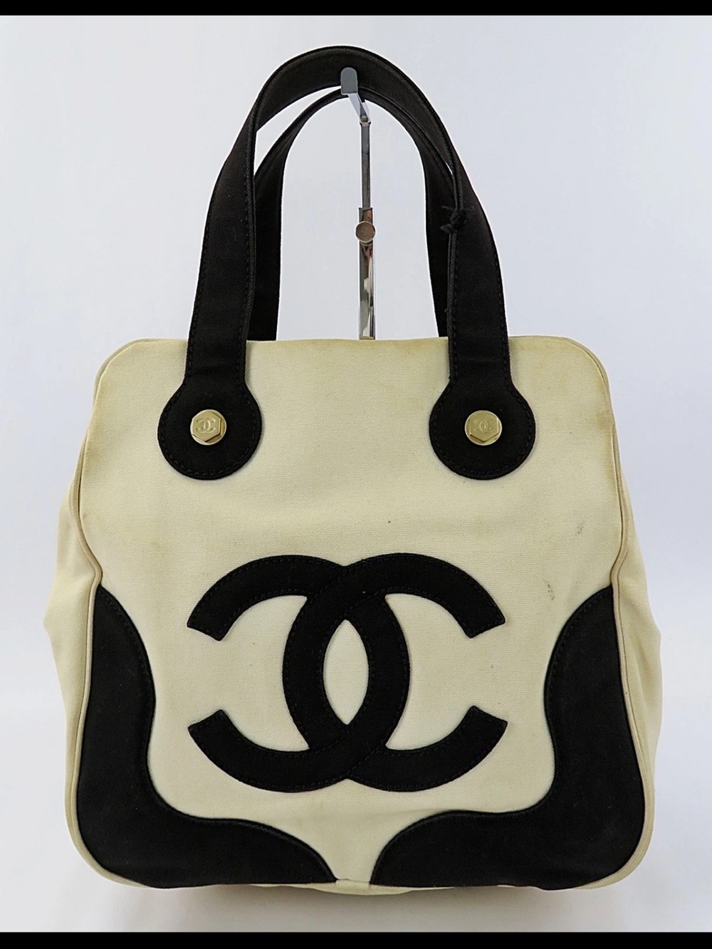 Chanel Beige and Black Canvas Tote Bag